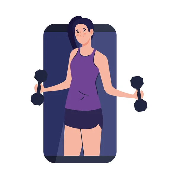 App fitness, entraînement et entraînement, femme avec haltères dans smartphone, sport en ligne — Image vectorielle