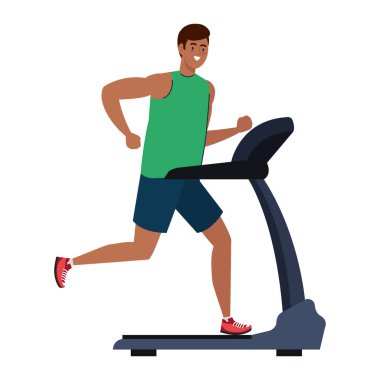 Spor, koşu bandında koşan adam, beyaz arka plandaki elektrik eğitim makinesinde çalışan sporcu.