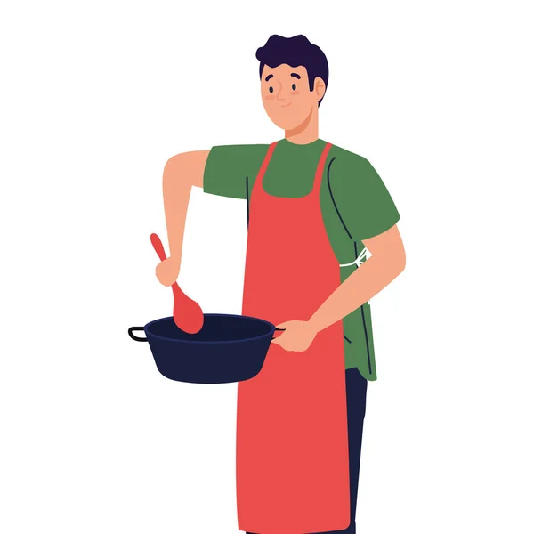 Άντρας μαγειρεύει χρησιμοποιώντας ποδιά με κατσαρόλα και κουτάλι, σε λευκό φόντο — Διανυσματικό Αρχείο