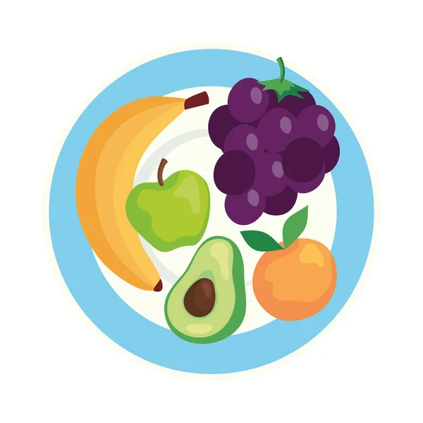 Vers fruit en avocado op schotel, in witte achtergrond — Stockvector