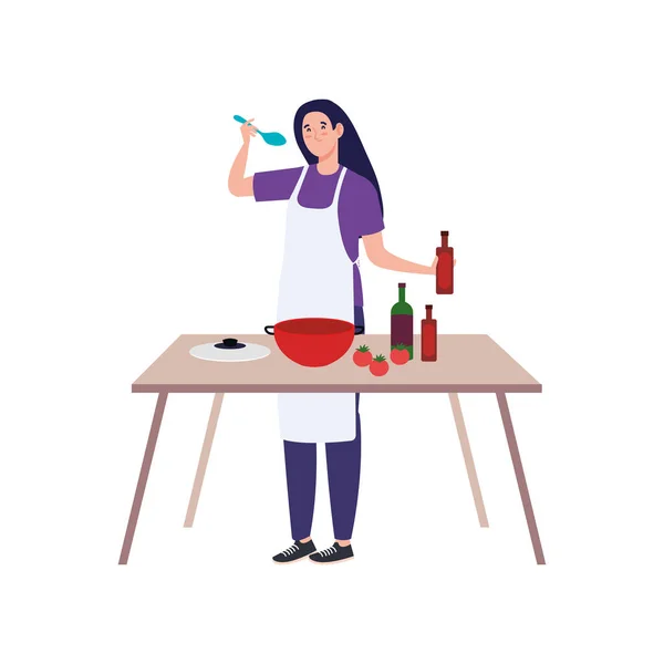 Donna che cucina utilizzando grembiule con tavolo in legno, su sfondo bianco — Vettoriale Stock