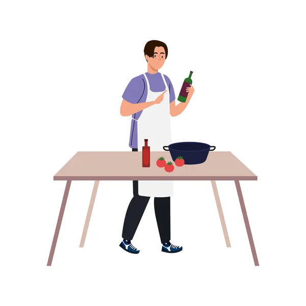 Человек приготовления пищи с помощью фартука с деревянным столом на белом фоне — стоковый вектор