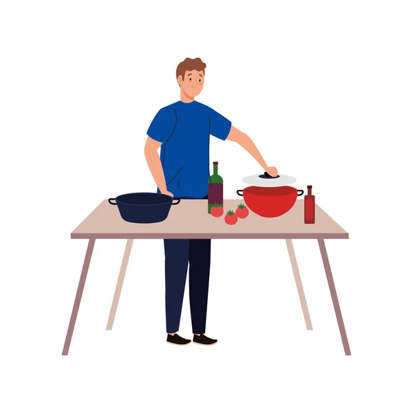 Hombre cocina con mesa de madera sobre fondo blanco — Vector de stock