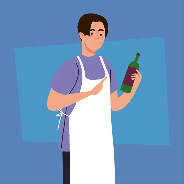 Homme cuisine avec tablier, avec bouteille de vin — Image vectorielle