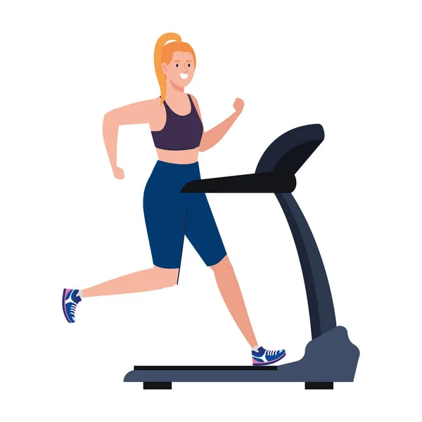 Sport, woman running on treadmill, sport person at the electric training machine on white background — Vector de stock