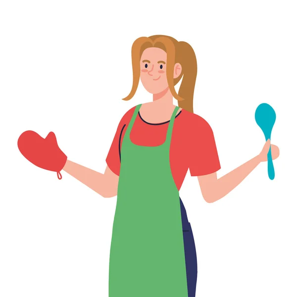 Mujer cocinando usando delantal con cuchara, sobre fondo blanco — Vector de stock