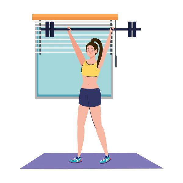 Žena dělá cvičení s posilovnou v domě, sportovní rekreační cvičení — Stockový vektor