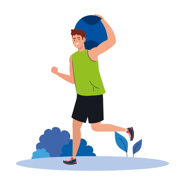 Homme pratiquant l'exercice avec ballon en plein air, sport d'exercice récréatif — Image vectorielle