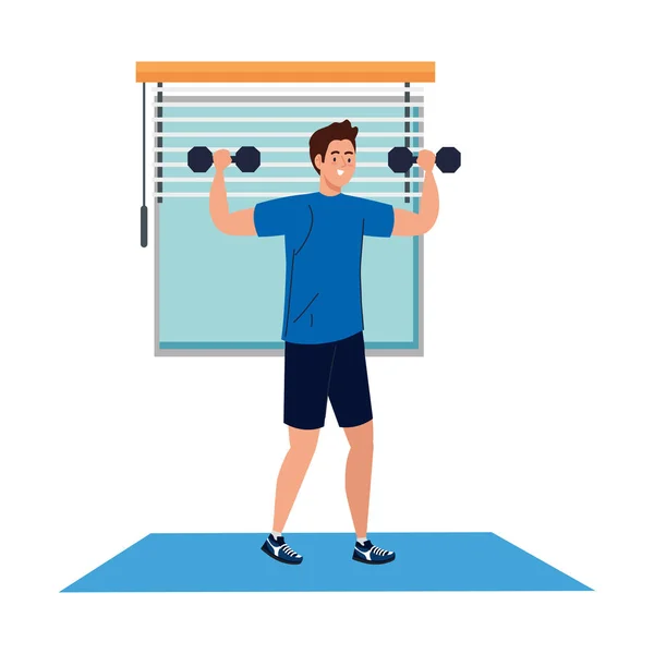 Hombre practicando ejercicios con pesas en la casa, ejercicio deporte recreación — Vector de stock