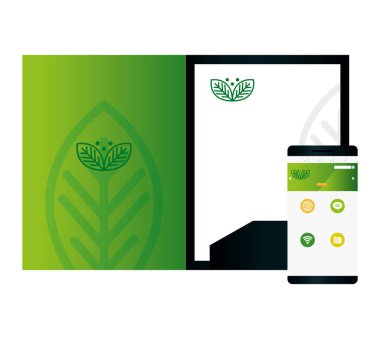 Model broşür ve akıllı telefon yeşil şirket işareti, kurumsal kimlik