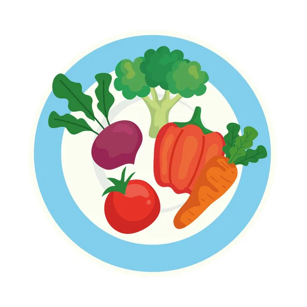 Verduras frescas en plato, sobre fondo blanco — Vector de stock