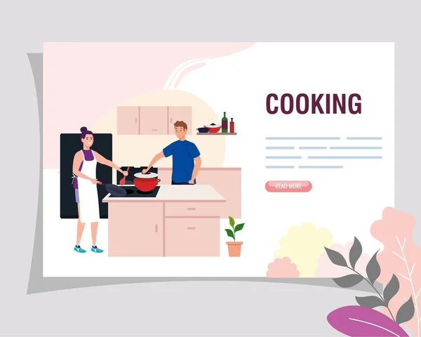 Banner of couple cooking in the kitchen scene — Stock Vector