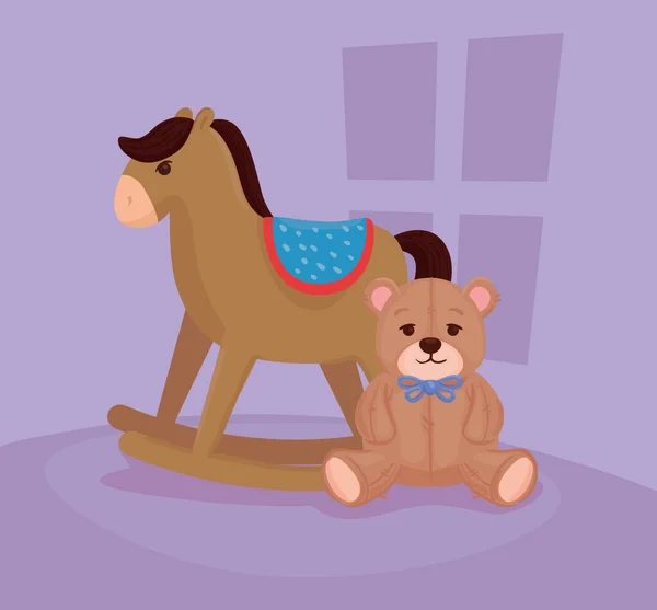 Juguetes para niños, caballo mecedora de madera con oso de peluche — Vector de stock