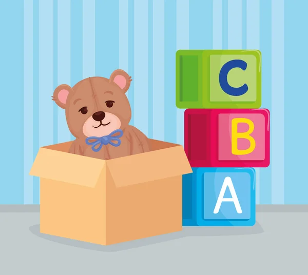 Kids toys, alphabet cubes with teddy bear in box — Stock Vector