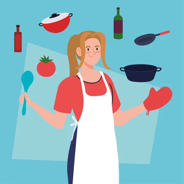 Mujer cocinando con delantal, con utensilios de cocina — Vector de stock