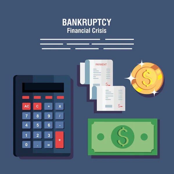 Banner falência crise financeira, calculadora e ícones de negócios —  Vetores de Stock