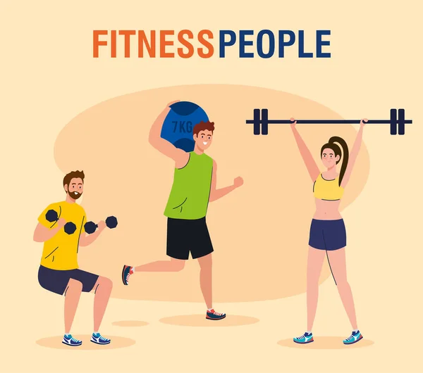 Banner fitness persone, persone che praticano esercizi, esercizio ricreativo sportivo — Vettoriale Stock