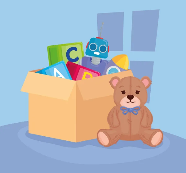 Kinderspeelgoed, teddybeer met speelgoed in doos karton — Stockvector