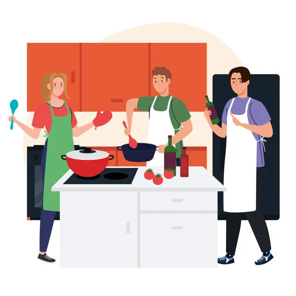 Group young people cooking in the home — Stock Vector