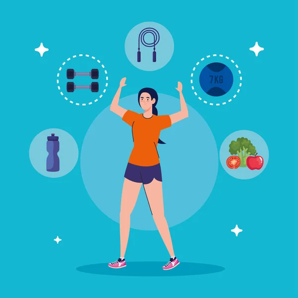 Mujer practicando ejercicio, con iconos deportivos — Vector de stock