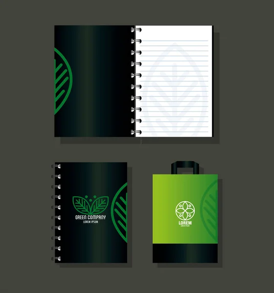Suministros de papelería maqueta, color verde con hojas de signo, identidad verde corporativa — Vector de stock