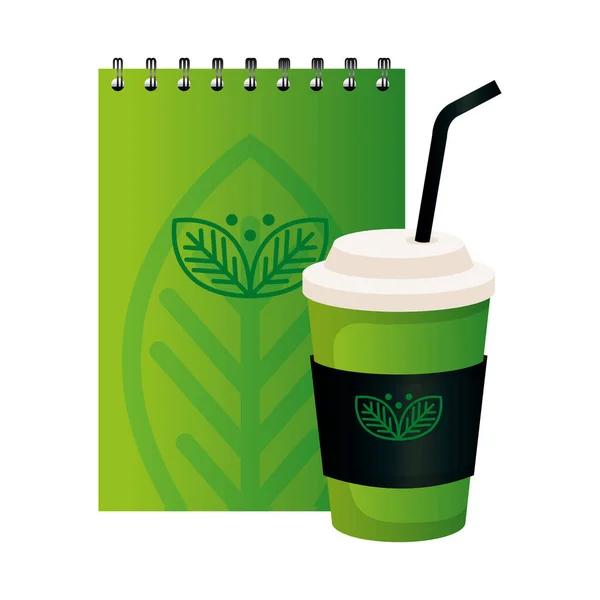 Yeşil şirket imzalı tek kullanımlık kahve ve defter, şirket kimliği. — Stok Vektör