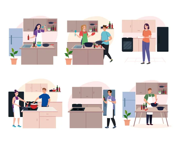 Mettre des scènes gens cuisiner dans la cuisine — Image vectorielle