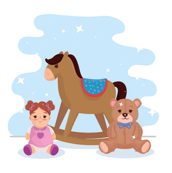 Juguetes para niños, caballo mecedora de madera con oso de peluche y muñeca linda — Archivo Imágenes Vectoriales