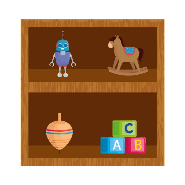 木製の棚におもちゃのセット — ストックベクタ
