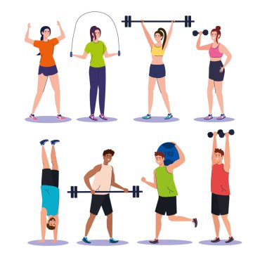 sahne ayarla genç insanlar egzersiz yapıyor, spor yapıyor.