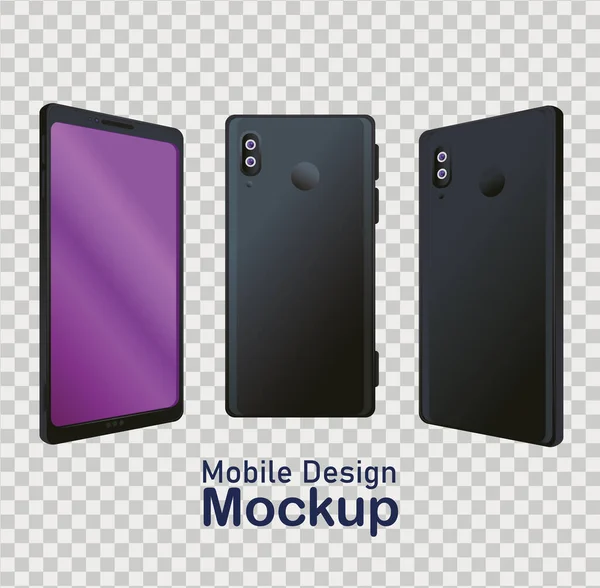 Poster mobiel ontwerp mockup, realistische smartphones pictogrammen — Stockvector