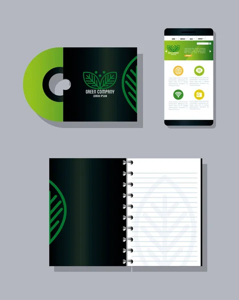 Fournitures de papeterie maquette, couleur verte avec panneau feuilles, identité verte entreprise — Image vectorielle