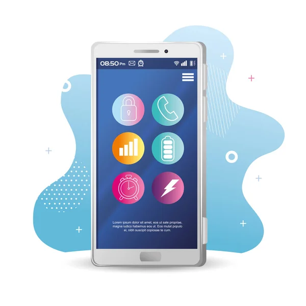 Modello di smartphone realistico con icone impostate sullo schermo — Vettoriale Stock