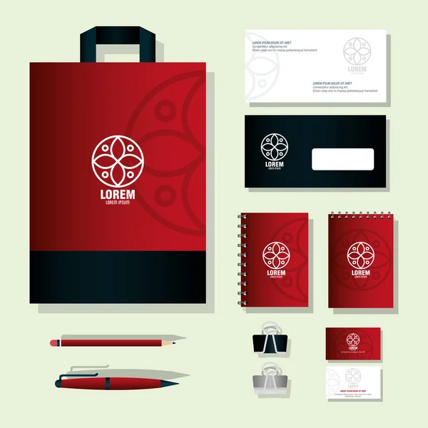 Mockup γραφική ύλη προμήθειες, κόκκινο χρώμα με πινακίδα λευκό, μάρκα mockup εταιρική ταυτότητα — Διανυσματικό Αρχείο