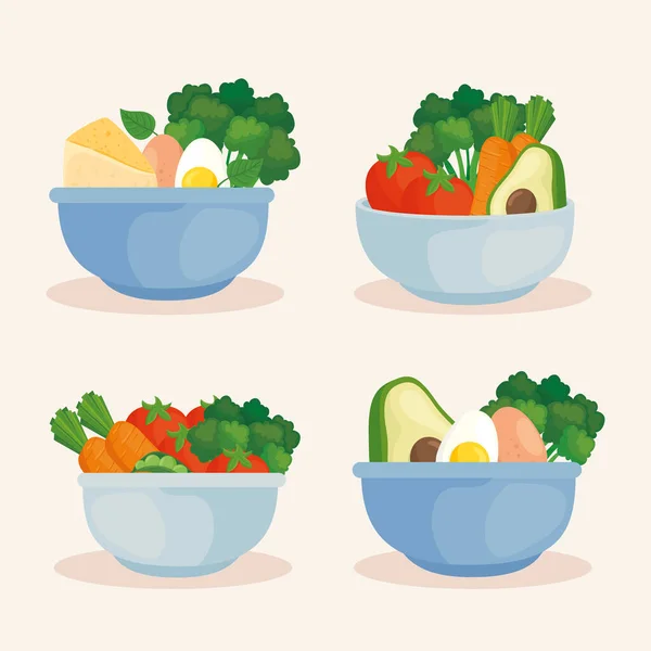 Cuencos con verduras y alimentos saludables, concepto de alimentos saludables — Vector de stock