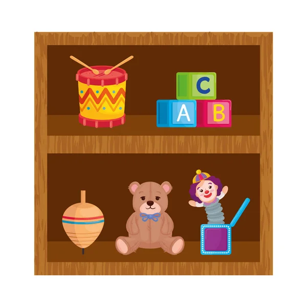 Toys child in wooden shelving — Stock Vector