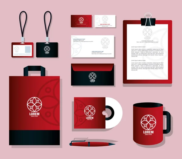 Mockup stationery supplies color red with sign white, brand mockup identity corporate — Stock Vector