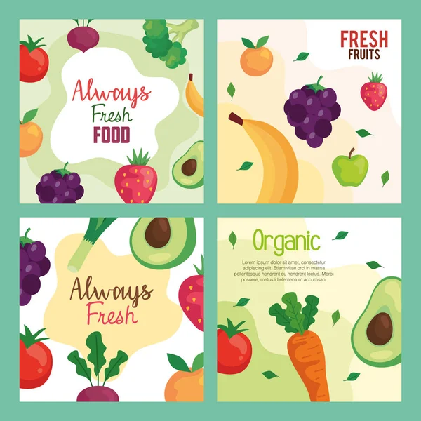 Banners com legumes e frutas, conceito de comida saudável — Vetor de Stock