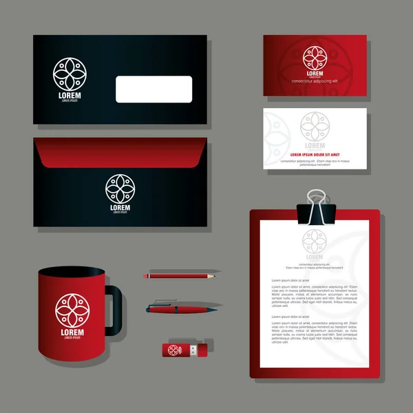 Brand mockup corporate identity, mockup stationery supplies, color red with sign white — Stock Vector