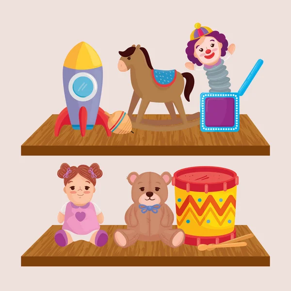 Kids toys, in the wooden shelving — Stock Vector