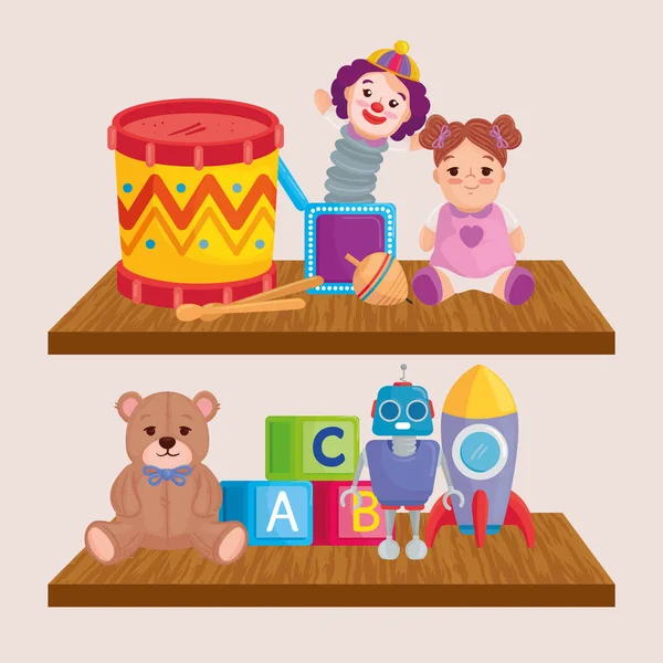 Cute kids toys in wooden shelving — Stock Vector