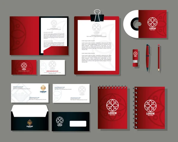 Makieta firmowa tożsamość firmy, makiety materiałów biurowych, czerwony kolor z białym znakiem — Wektor stockowy