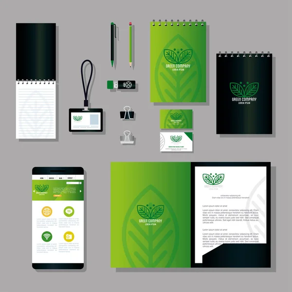 Mockup fornisce cancelleria colore verde con foglie segno, identità verde aziendale — Vettoriale Stock