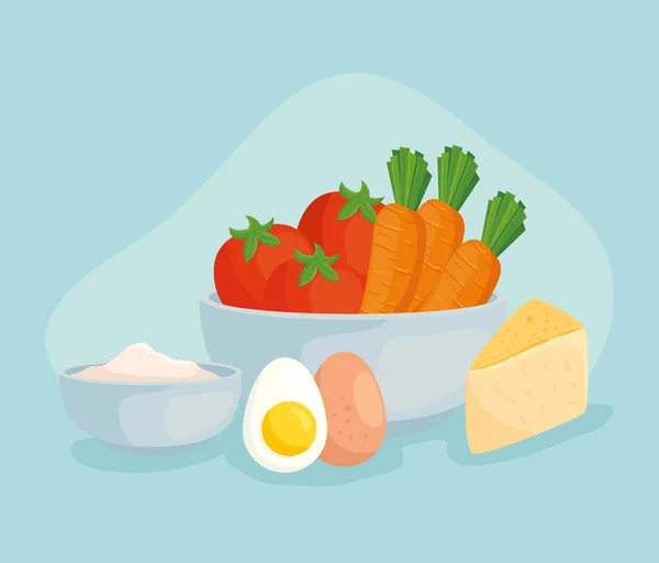 Alimentos frescos, legumes na tigela e alimentos saudáveis — Vetor de Stock