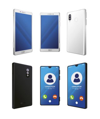 Beyaz arkaplanda gerçekçi akıllı telefonlar var.