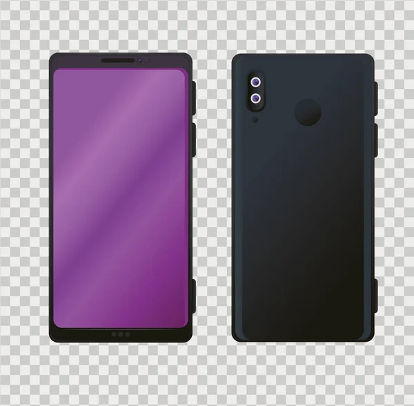 Vista frontal y lateral, maqueta de teléfonos inteligentes realistas de color negro — Archivo Imágenes Vectoriales