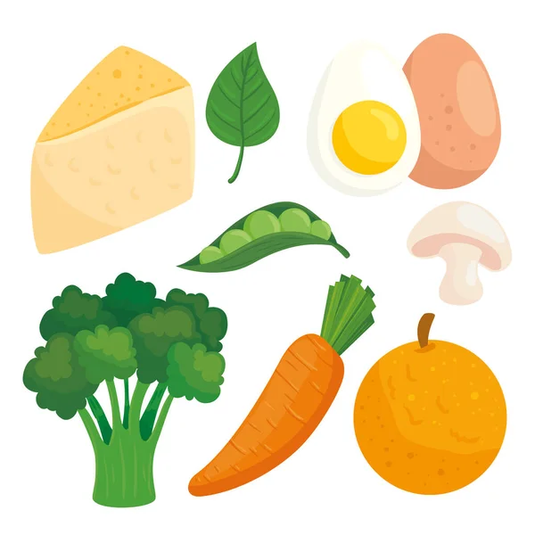 Establecer verduras con frutas y alimentos saludables sobre fondo blanco — Archivo Imágenes Vectoriales