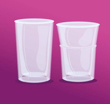 Model, şeffaf bardaklar, pembe arka planda şeffaf boş kadehler.