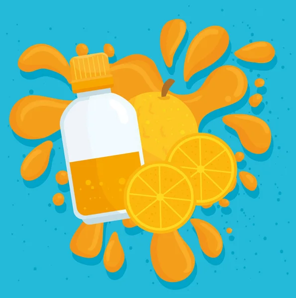 Oranges fruits avec bouteille sur éclaboussure de jus — Image vectorielle