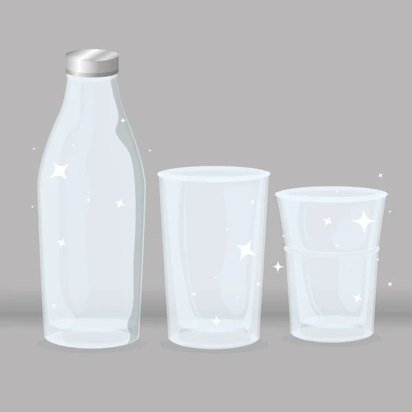 Model, transparant glas, transparante lege glazen en fles — Stockvector
